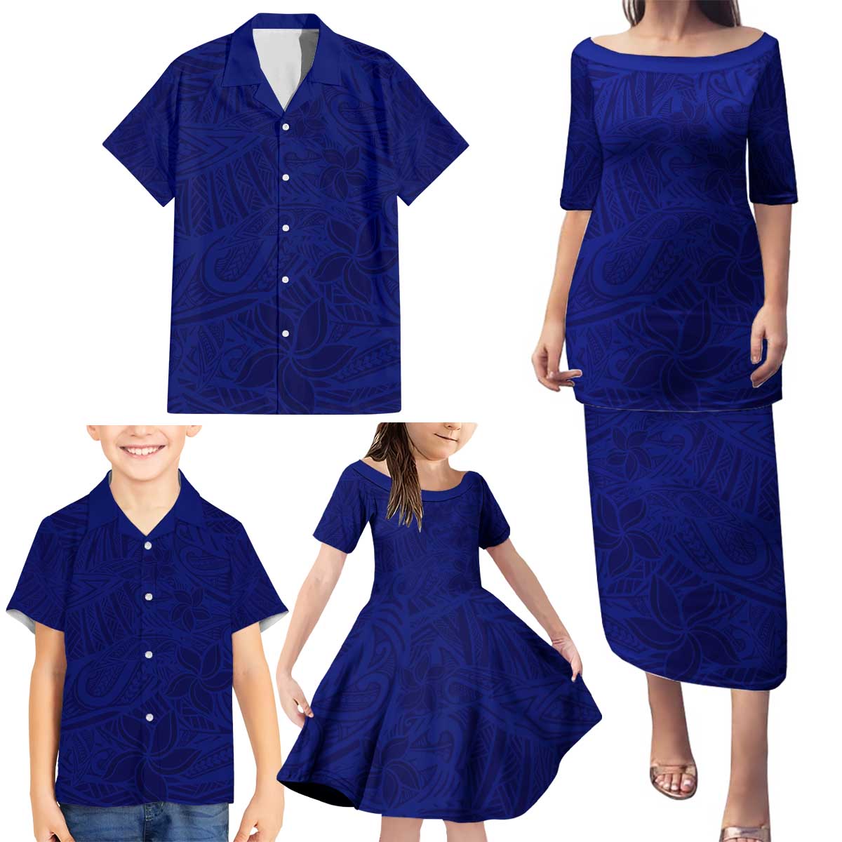 Blue Polynesia Family Matching Puletasi and Hawaiian Shirt Polynesian Pattern Mix Plumeria LT14 - Polynesian Pride
