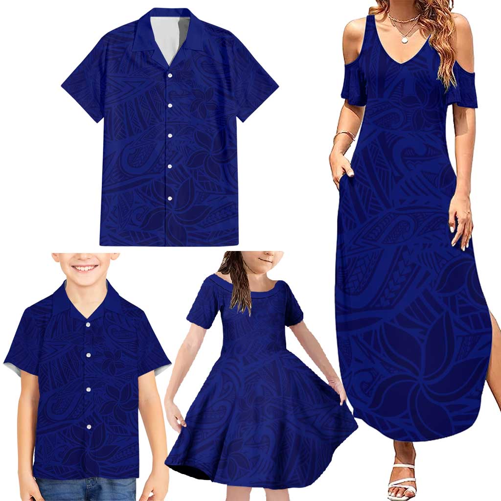 Blue Polynesia Family Matching Summer Maxi Dress and Hawaiian Shirt Polynesian Pattern Mix Plumeria LT14 - Polynesian Pride