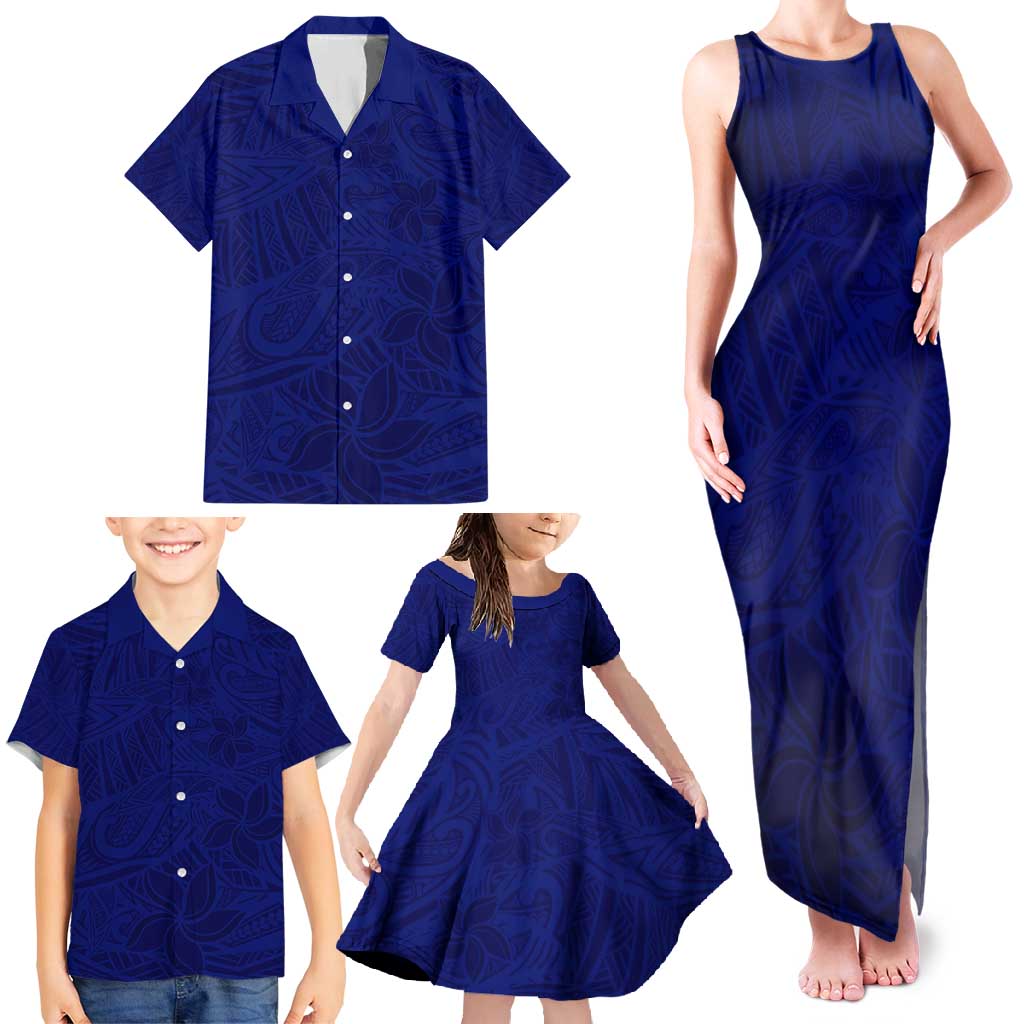 Blue Polynesia Family Matching Tank Maxi Dress and Hawaiian Shirt Polynesian Pattern Mix Plumeria LT14 - Polynesian Pride