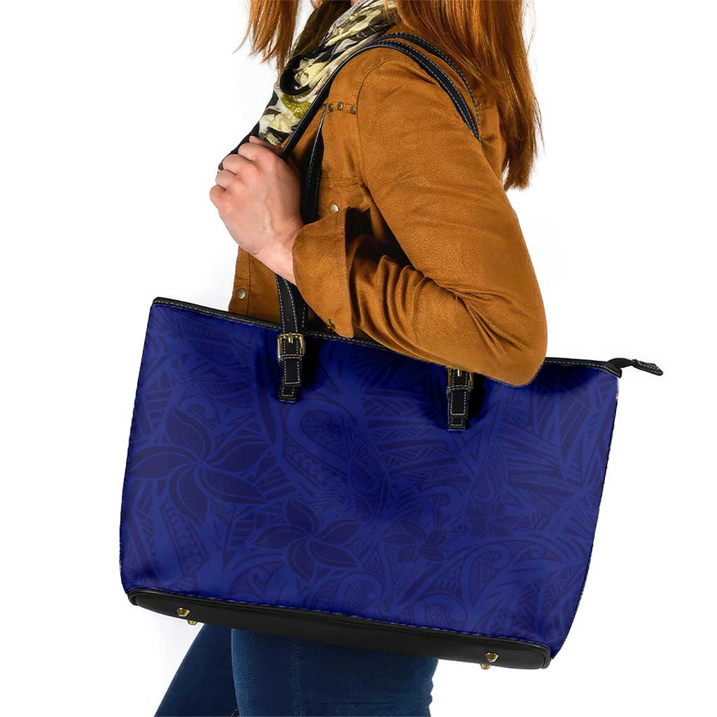 Blue Polynesia Leather Tote Bag Polynesian Pattern Mix Plumeria