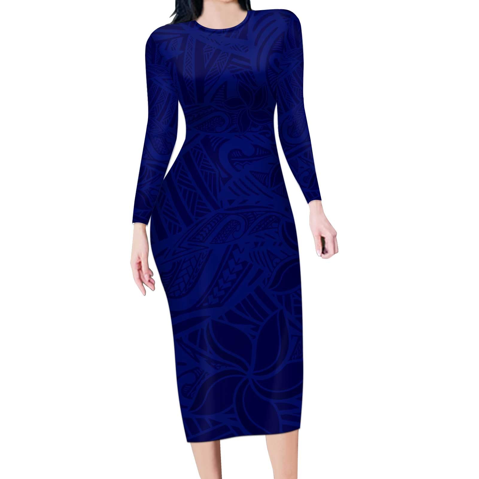 Blue Polynesia Long Sleeve Bodycon Dress Polynesian Pattern Mix Plumeria