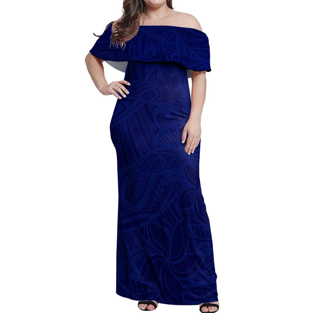 Blue Polynesia Off Shoulder Maxi Dress Polynesian Pattern Mix Plumeria LT14 Women Blue - Polynesian Pride