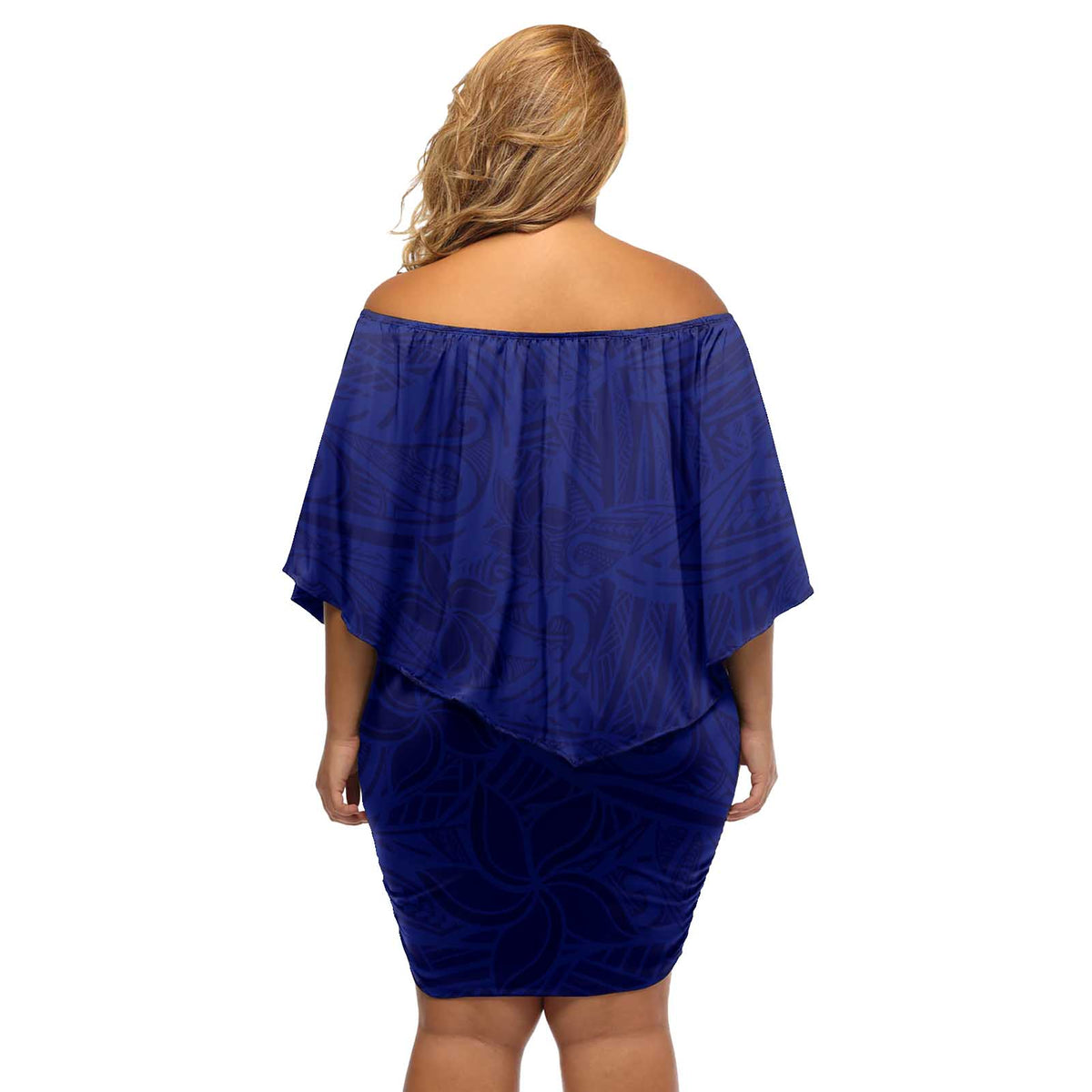 Blue Polynesia Off Shoulder Short Dress Polynesian Pattern Mix Plumeria LT14 - Polynesian Pride