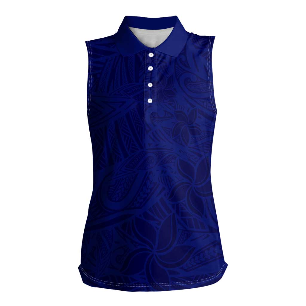 Blue Polynesia Women Sleeveless Polo Shirt Polynesian Pattern Mix Plumeria