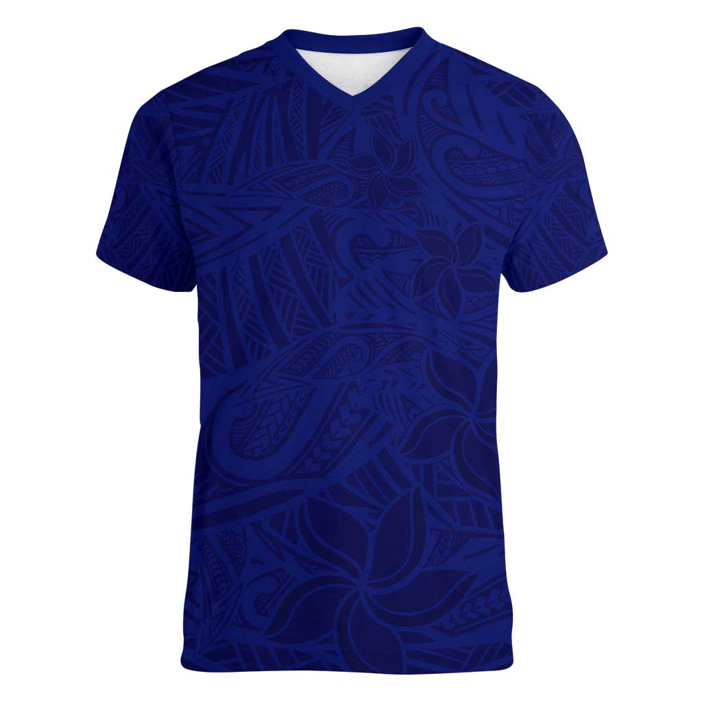 Blue Polynesia Women V-Neck T-Shirt Polynesian Pattern Mix Plumeria
