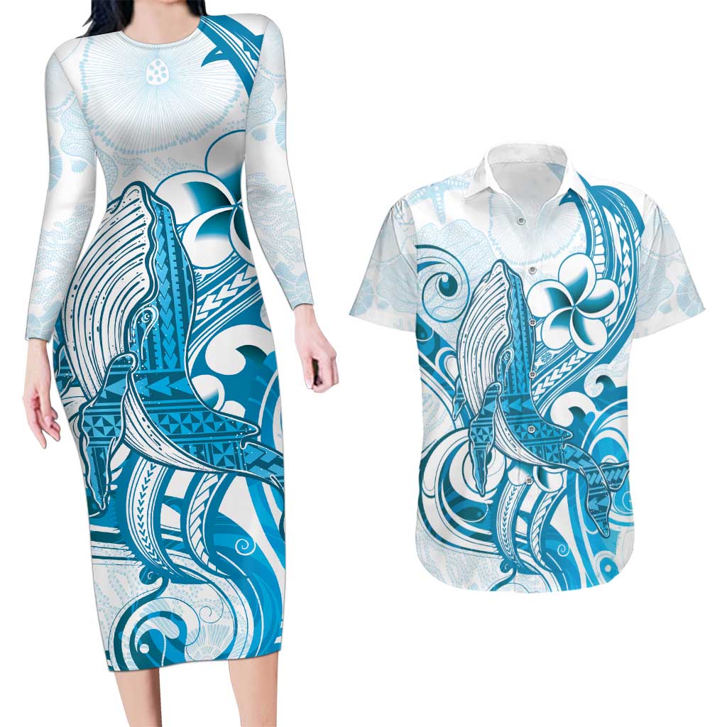 Blue Hawaii Humpback Whale Couples Matching Long Sleeve Bodycon Dress and Hawaiian Shirt Polynesian Tribal Ocean Vibes