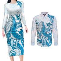 Blue Hawaii Humpback Whale Couples Matching Long Sleeve Bodycon Dress and Long Sleeve Button Shirt Polynesian Tribal Ocean Vibes LT14 Blue - Polynesian Pride