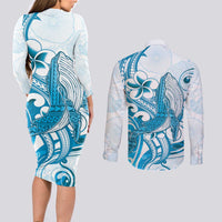 Blue Hawaii Humpback Whale Couples Matching Long Sleeve Bodycon Dress and Long Sleeve Button Shirt Polynesian Tribal Ocean Vibes LT14 - Polynesian Pride