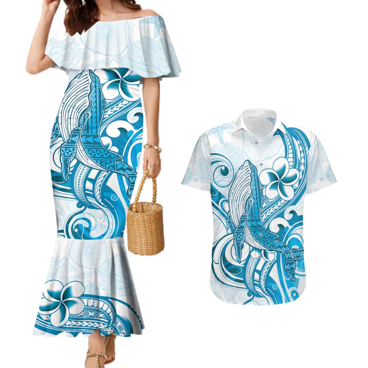 Blue Hawaii Humpback Whale Couples Matching Mermaid Dress and Hawaiian Shirt Polynesian Tribal Ocean Vibes