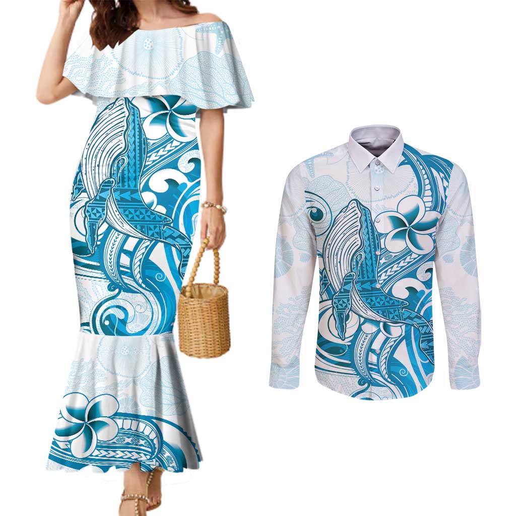 Blue Hawaii Humpback Whale Couples Matching Mermaid Dress and Long Sleeve Button Shirt Polynesian Tribal Ocean Vibes LT14 Blue - Polynesian Pride