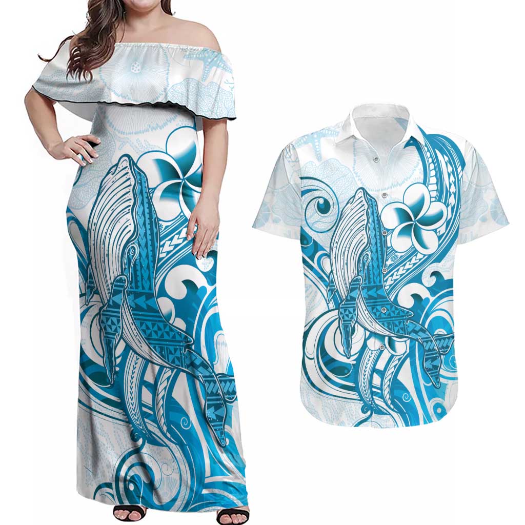 Blue Hawaii Humpback Whale Couples Matching Off Shoulder Maxi Dress and Hawaiian Shirt Polynesian Tribal Ocean Vibes