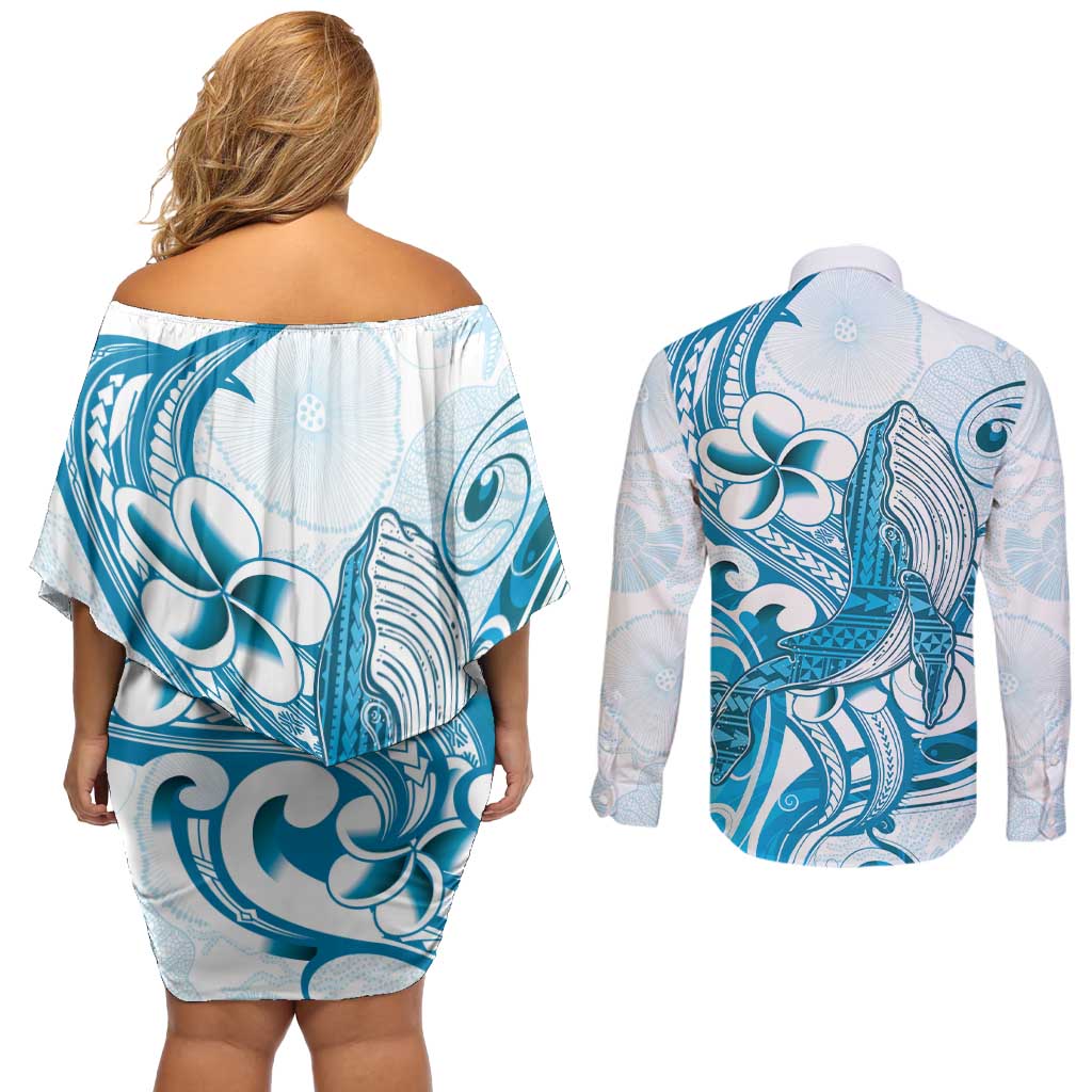Blue Hawaii Humpback Whale Couples Matching Off Shoulder Short Dress and Long Sleeve Button Shirt Polynesian Tribal Ocean Vibes LT14 - Polynesian Pride