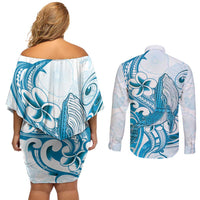 Blue Hawaii Humpback Whale Couples Matching Off Shoulder Short Dress and Long Sleeve Button Shirt Polynesian Tribal Ocean Vibes LT14 - Polynesian Pride