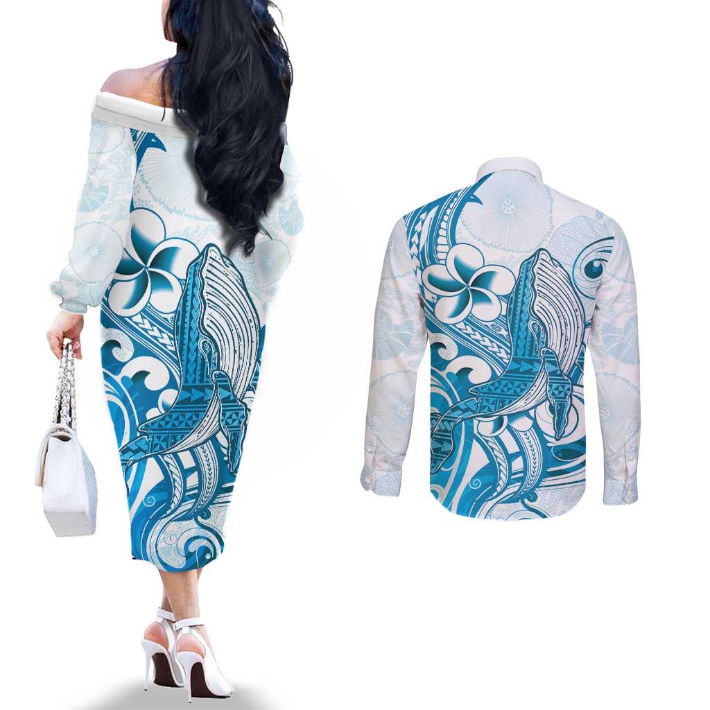 Blue Hawaii Humpback Whale Couples Matching Off The Shoulder Long Sleeve Dress and Long Sleeve Button Shirt Polynesian Tribal Ocean Vibes LT14 - Polynesian Pride