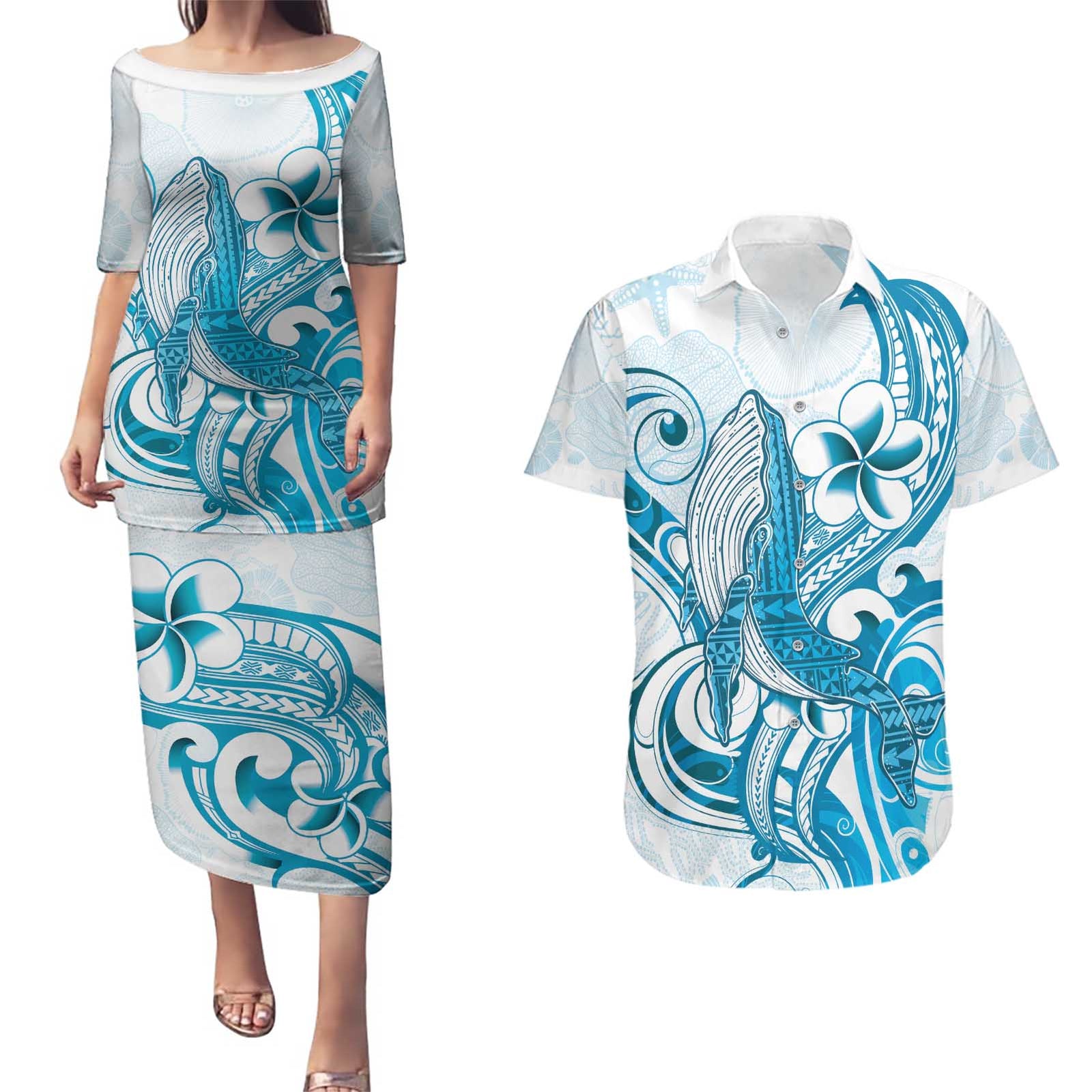 Blue Hawaii Humpback Whale Couples Matching Puletasi and Hawaiian Shirt Polynesian Tribal Ocean Vibes LT14 Blue - Polynesian Pride