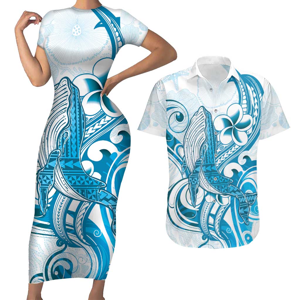 Blue Hawaii Humpback Whale Couples Matching Short Sleeve Bodycon Dress and Hawaiian Shirt Polynesian Tribal Ocean Vibes LT14 Blue - Polynesian Pride