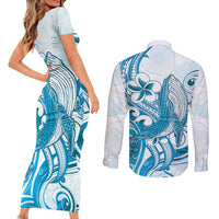 Blue Hawaii Humpback Whale Couples Matching Short Sleeve Bodycon Dress and Long Sleeve Button Shirt Polynesian Tribal Ocean Vibes LT14 - Polynesian Pride