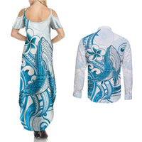 Blue Hawaii Humpback Whale Couples Matching Summer Maxi Dress and Long Sleeve Button Shirt Polynesian Tribal Ocean Vibes LT14 - Polynesian Pride