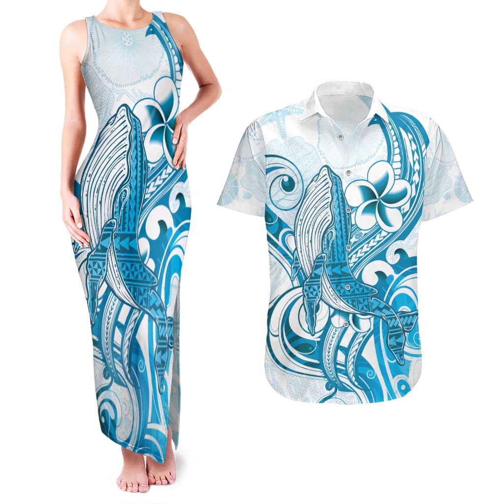 Blue Hawaii Humpback Whale Couples Matching Tank Maxi Dress and Hawaiian Shirt Polynesian Tribal Ocean Vibes LT14 Blue - Polynesian Pride