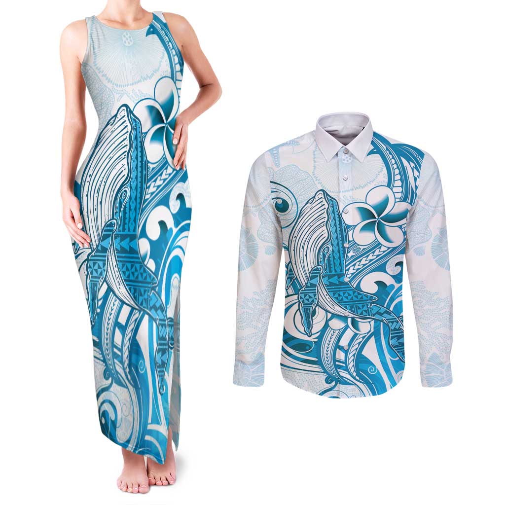 Blue Hawaii Humpback Whale Couples Matching Tank Maxi Dress and Long Sleeve Button Shirt Polynesian Tribal Ocean Vibes LT14 Blue - Polynesian Pride