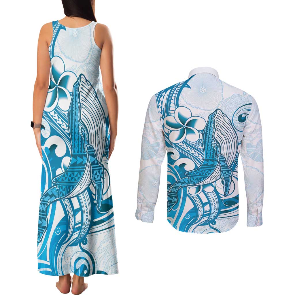 Blue Hawaii Humpback Whale Couples Matching Tank Maxi Dress and Long Sleeve Button Shirt Polynesian Tribal Ocean Vibes LT14 - Polynesian Pride