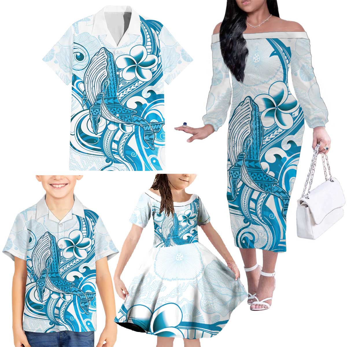 Blue Hawaii Humpback Whale Family Matching Off The Shoulder Long Sleeve Dress and Hawaiian Shirt Polynesian Tribal Ocean Vibes