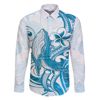 Blue Hawaii Humpback Whale Family Matching Off The Shoulder Long Sleeve Dress and Hawaiian Shirt Polynesian Tribal Ocean Vibes LT14 Dad's Shirt - Long Sleeve Blue - Polynesian Pride