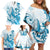 Blue Hawaii Humpback Whale Family Matching Off Shoulder Short Dress and Hawaiian Shirt Polynesian Tribal Ocean Vibes