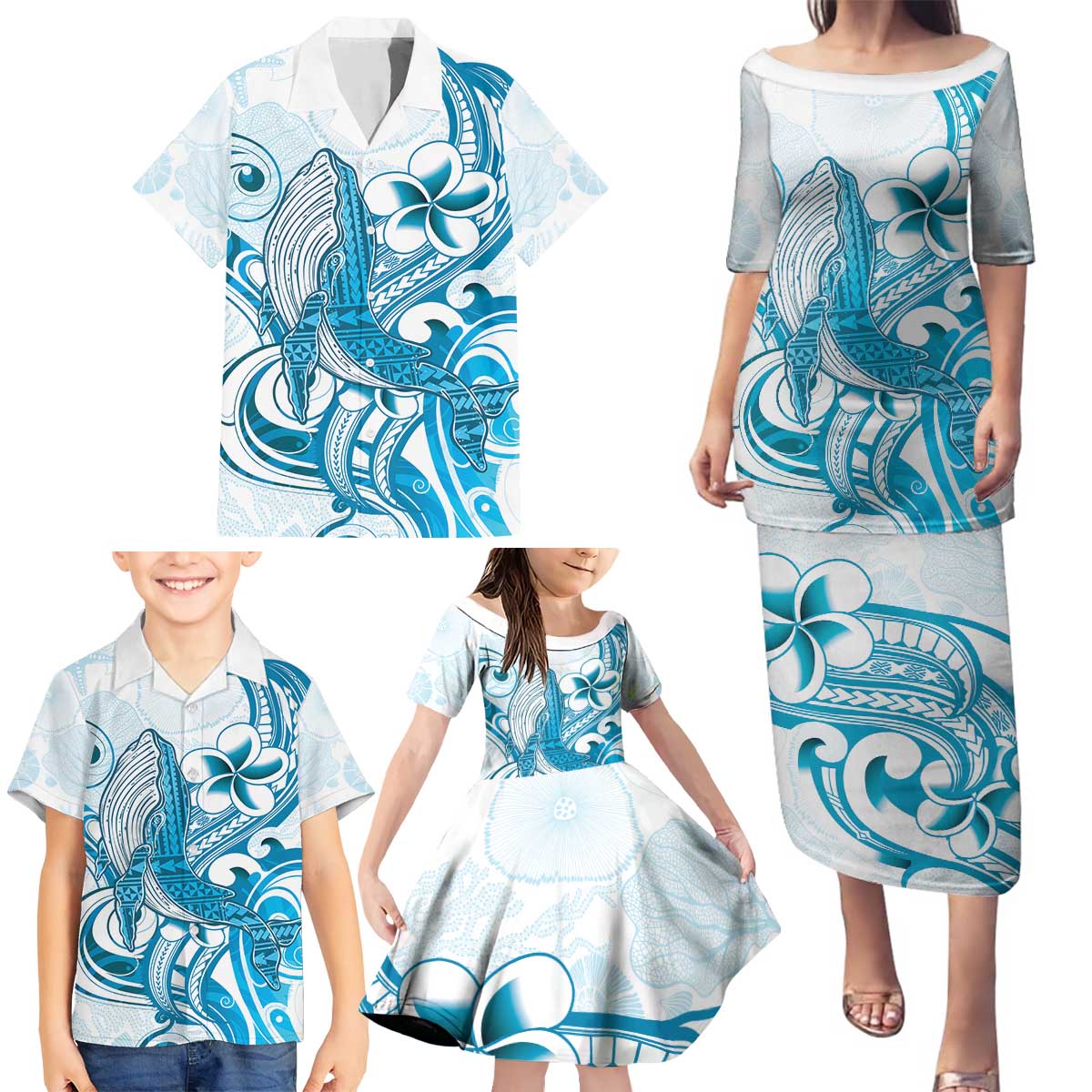 Blue Hawaii Humpback Whale Family Matching Puletasi and Hawaiian Shirt Polynesian Tribal Ocean Vibes