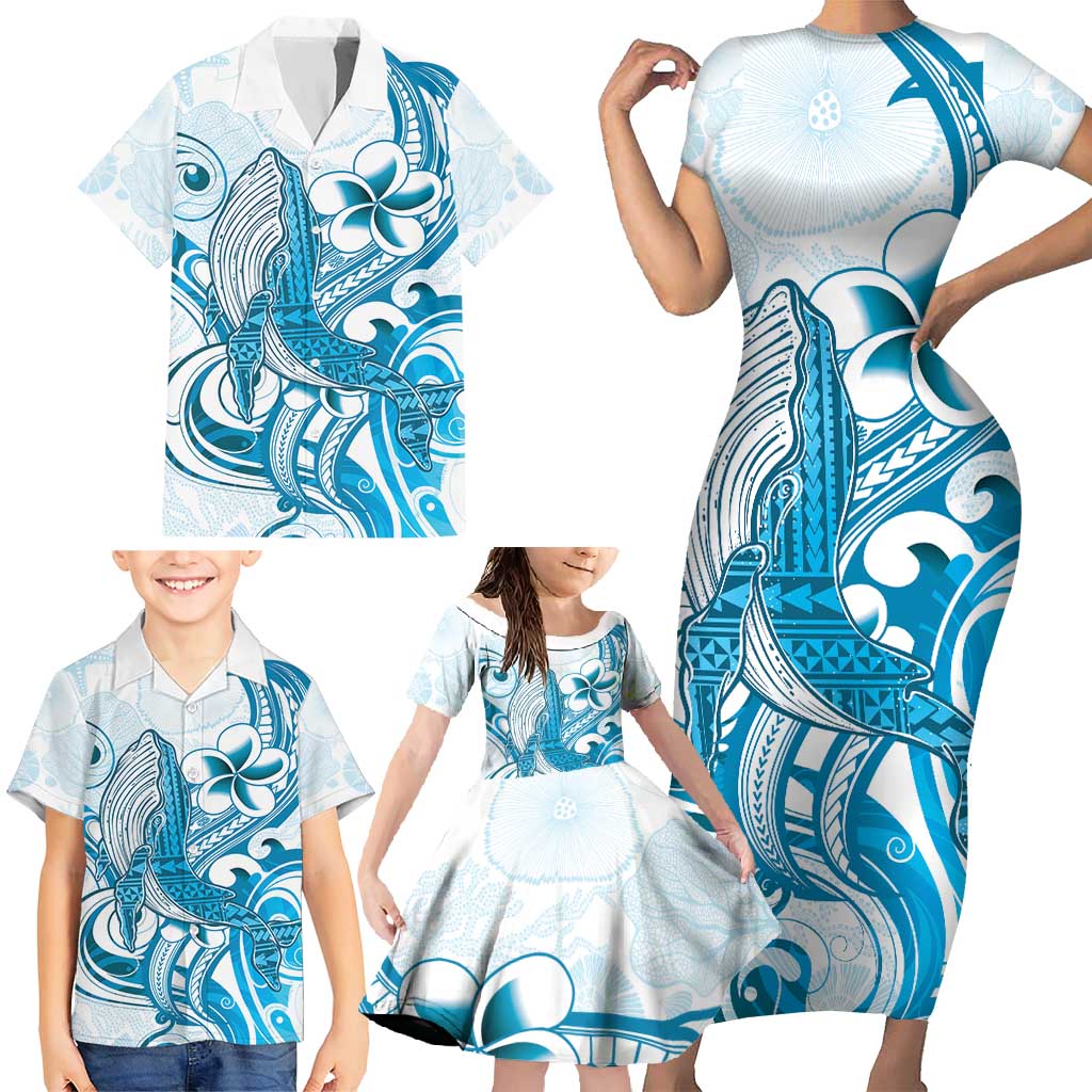 Blue Hawaii Humpback Whale Family Matching Short Sleeve Bodycon Dress and Hawaiian Shirt Polynesian Tribal Ocean Vibes LT14 - Polynesian Pride