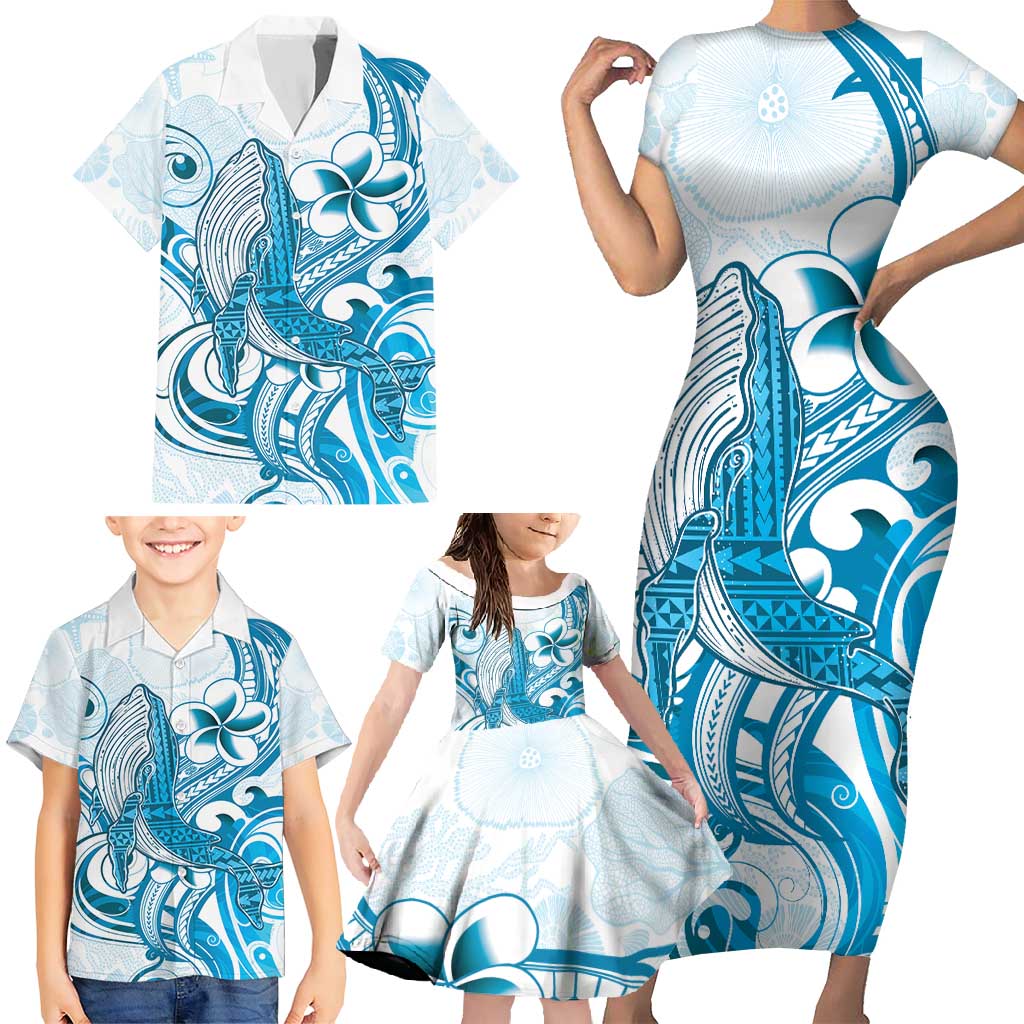 Blue Hawaii Humpback Whale Family Matching Short Sleeve Bodycon Dress and Hawaiian Shirt Polynesian Tribal Ocean Vibes