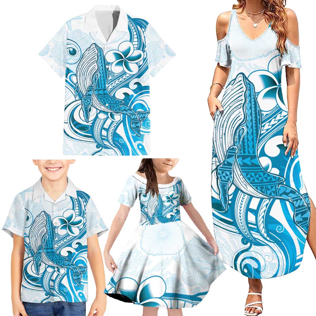 Blue Hawaii Humpback Whale Family Matching Summer Maxi Dress and Hawaiian Shirt Polynesian Tribal Ocean Vibes