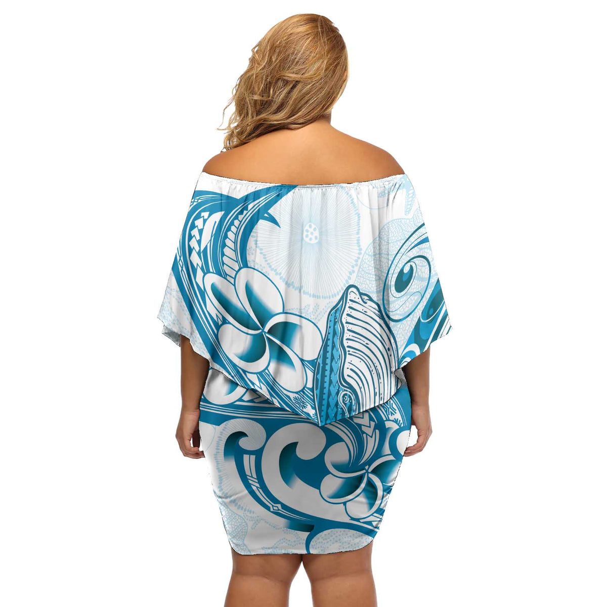 Blue Hawaii Humpback Whale Off Shoulder Short Dress Polynesian Tribal Ocean Vibes LT14 - Polynesian Pride