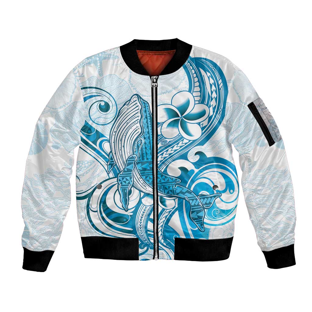 Blue Hawaii Humpback Whale Sleeve Zip Bomber Jacket Polynesian Tribal Ocean Vibes