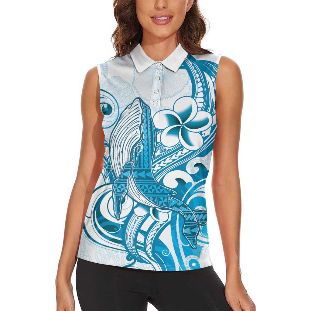 Blue Hawaii Humpback Whale Women Sleeveless Polo Shirt Polynesian Tribal Ocean Vibes