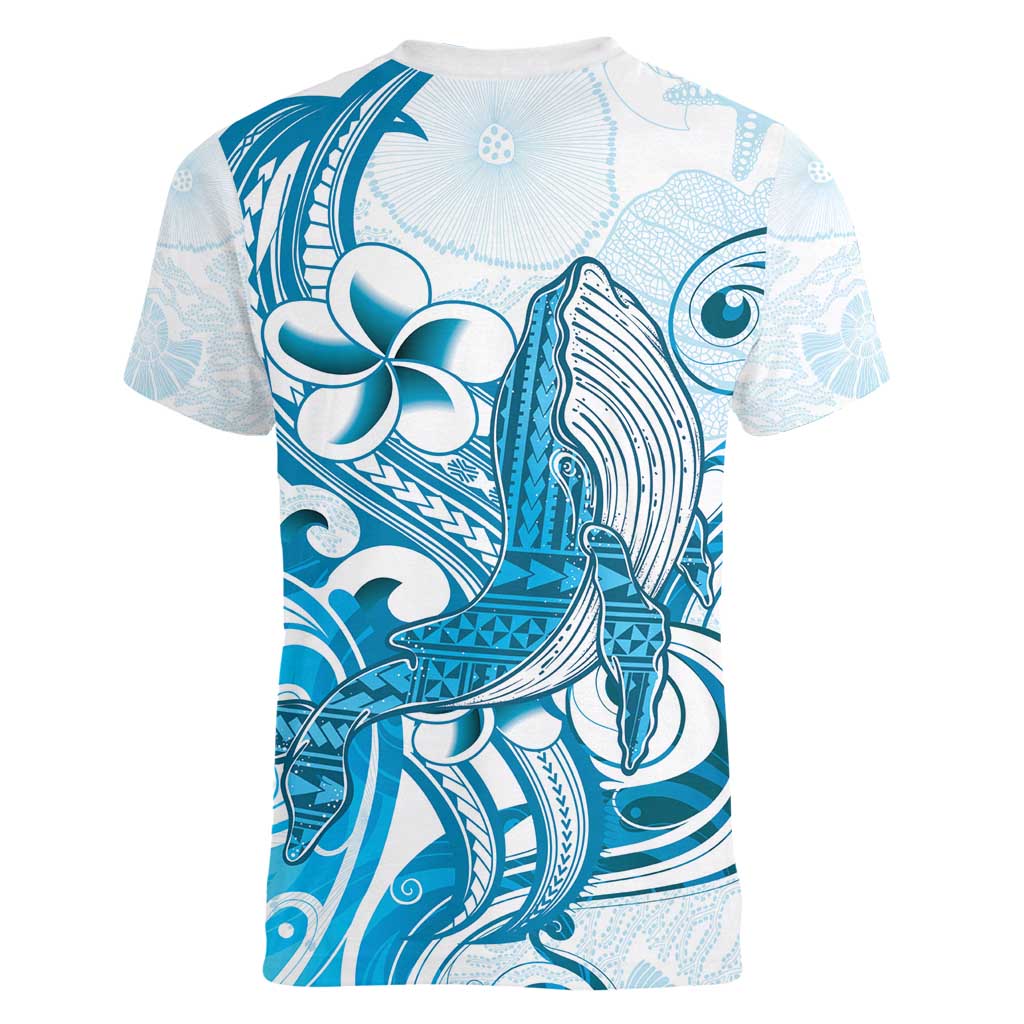 Blue Hawaii Humpback Whale Women V-Neck T-Shirt Polynesian Tribal Ocean Vibes