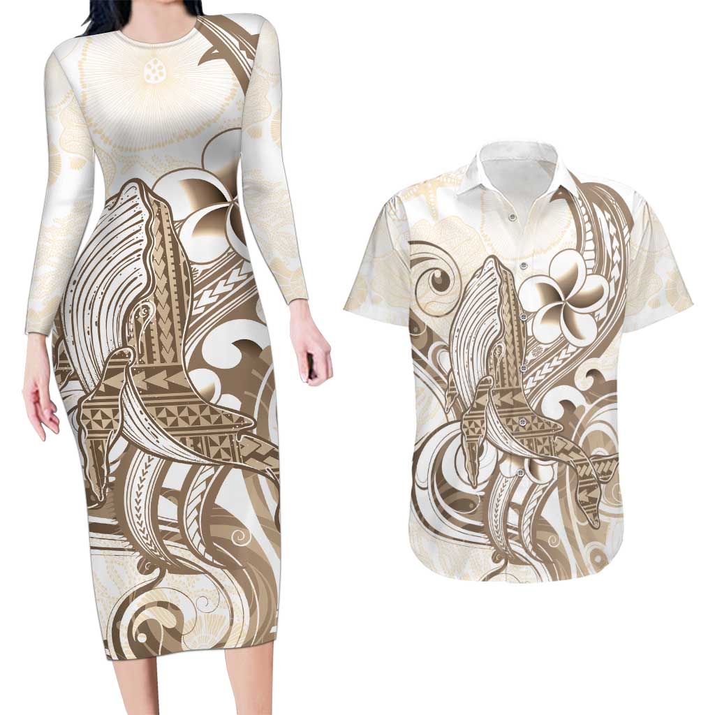 Brown Hawaii Humpback Whale Couples Matching Long Sleeve Bodycon Dress and Hawaiian Shirt Polynesian Tribal Ocean Vibes