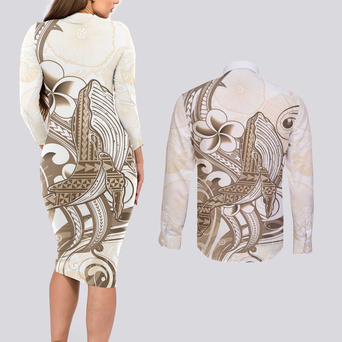 Brown Hawaii Humpback Whale Couples Matching Long Sleeve Bodycon Dress and Long Sleeve Button Shirt Polynesian Tribal Ocean Vibes LT14 - Polynesian Pride