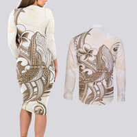 Brown Hawaii Humpback Whale Couples Matching Long Sleeve Bodycon Dress and Long Sleeve Button Shirt Polynesian Tribal Ocean Vibes LT14 - Polynesian Pride