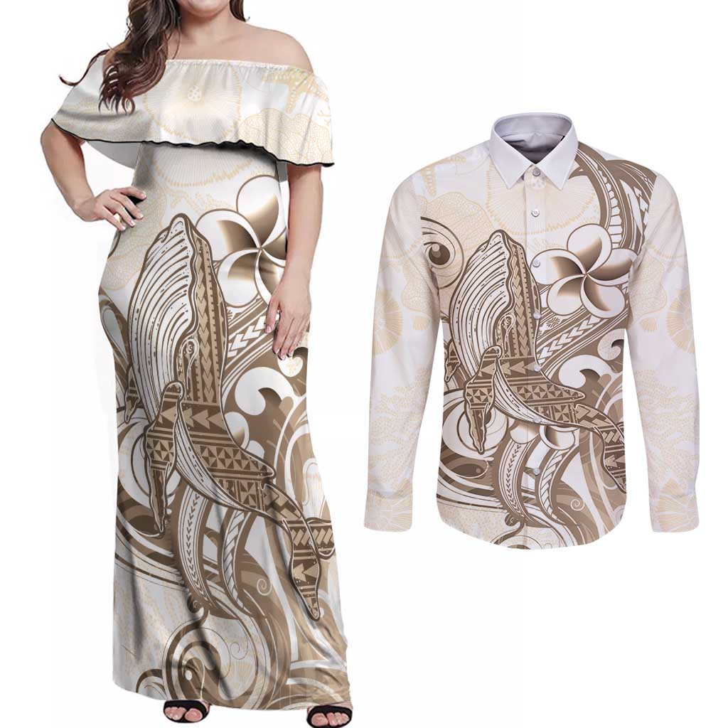 Brown Hawaii Humpback Whale Couples Matching Off Shoulder Maxi Dress and Long Sleeve Button Shirt Polynesian Tribal Ocean Vibes LT14 Brown - Polynesian Pride