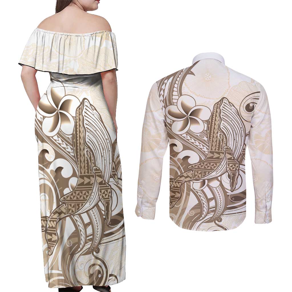 Brown Hawaii Humpback Whale Couples Matching Off Shoulder Maxi Dress and Long Sleeve Button Shirt Polynesian Tribal Ocean Vibes LT14 - Polynesian Pride