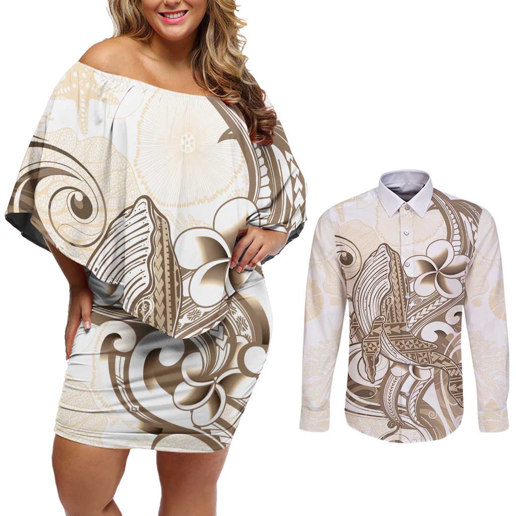 Brown Hawaii Humpback Whale Couples Matching Off Shoulder Short Dress and Long Sleeve Button Shirt Polynesian Tribal Ocean Vibes LT14 Brown - Polynesian Pride