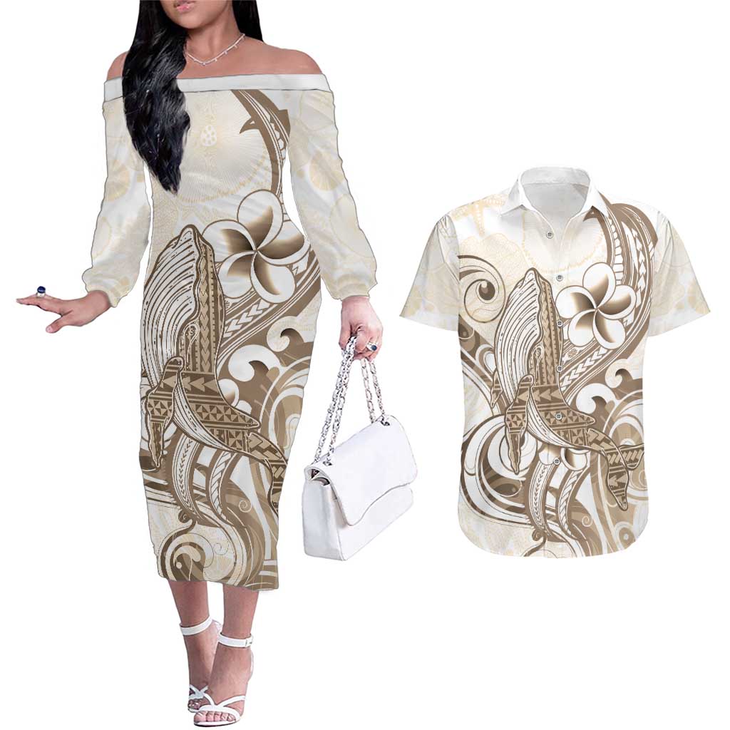 Brown Hawaii Humpback Whale Couples Matching Off The Shoulder Long Sleeve Dress and Hawaiian Shirt Polynesian Tribal Ocean Vibes