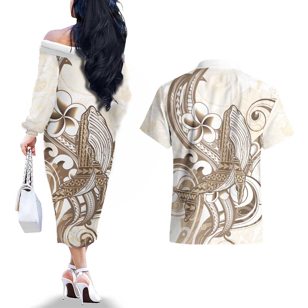 Brown Hawaii Humpback Whale Couples Matching Off The Shoulder Long Sleeve Dress and Hawaiian Shirt Polynesian Tribal Ocean Vibes