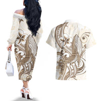 Brown Hawaii Humpback Whale Couples Matching Off The Shoulder Long Sleeve Dress and Hawaiian Shirt Polynesian Tribal Ocean Vibes