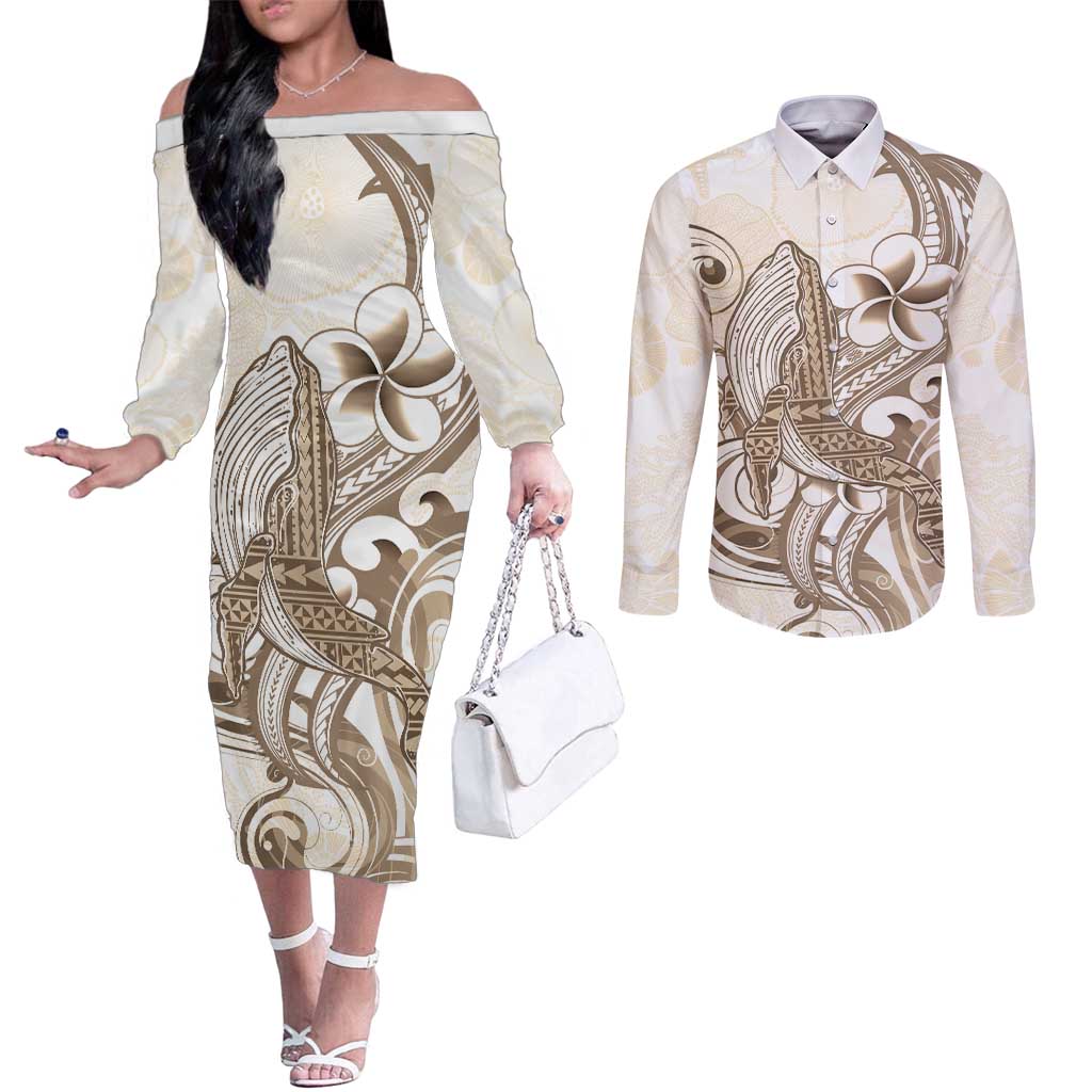 Brown Hawaii Humpback Whale Couples Matching Off The Shoulder Long Sleeve Dress and Long Sleeve Button Shirt Polynesian Tribal Ocean Vibes