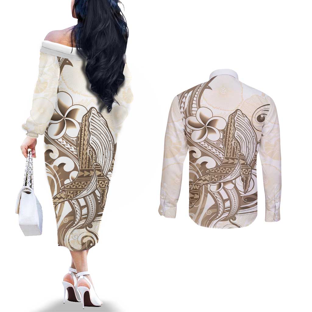 Brown Hawaii Humpback Whale Couples Matching Off The Shoulder Long Sleeve Dress and Long Sleeve Button Shirt Polynesian Tribal Ocean Vibes