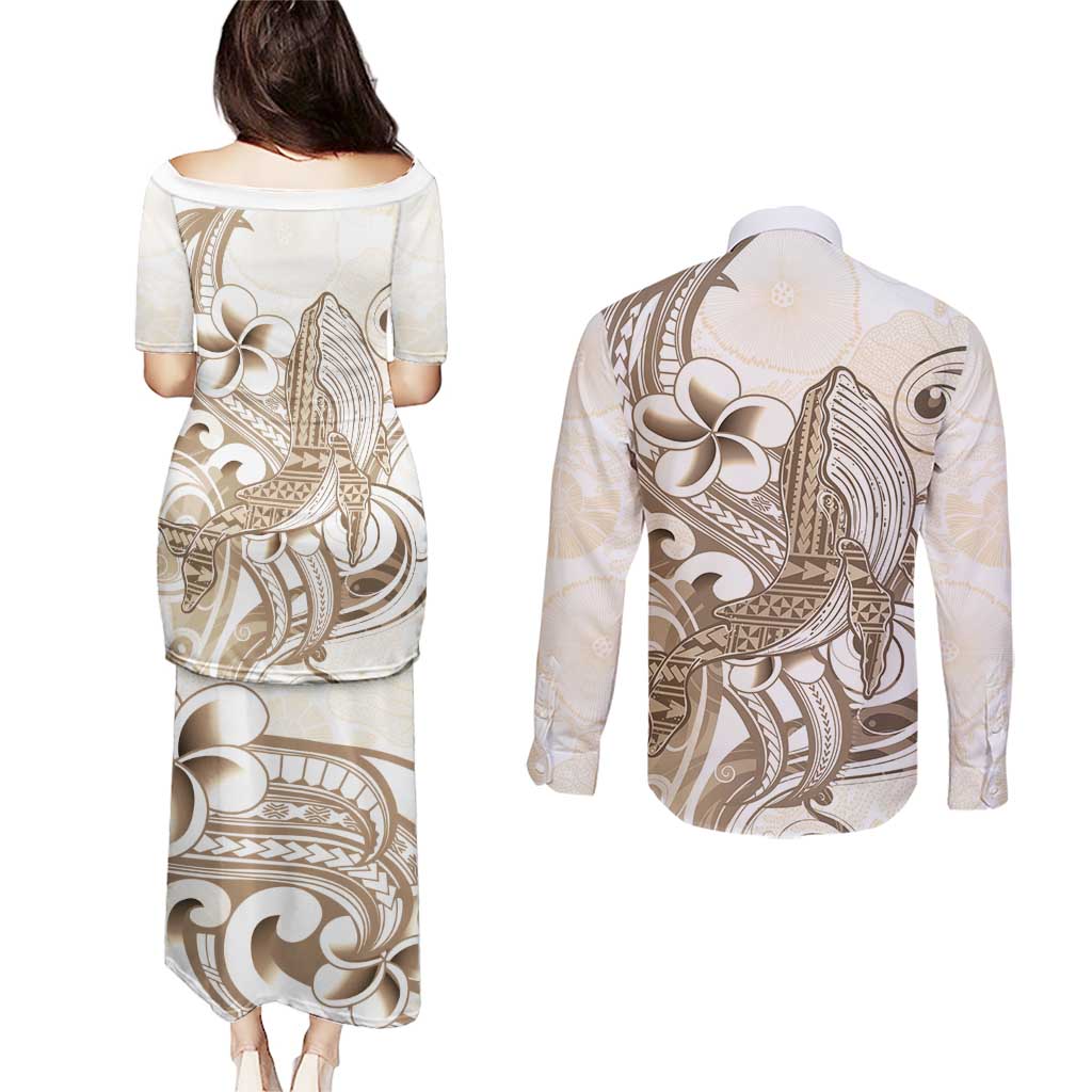 Brown Hawaii Humpback Whale Couples Matching Puletasi and Long Sleeve Button Shirt Polynesian Tribal Ocean Vibes LT14 - Polynesian Pride