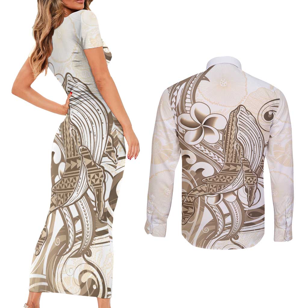 Brown Hawaii Humpback Whale Couples Matching Short Sleeve Bodycon Dress and Long Sleeve Button Shirt Polynesian Tribal Ocean Vibes LT14 - Polynesian Pride