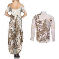 Brown Hawaii Humpback Whale Couples Matching Summer Maxi Dress and Long Sleeve Button Shirt Polynesian Tribal Ocean Vibes LT14 - Polynesian Pride